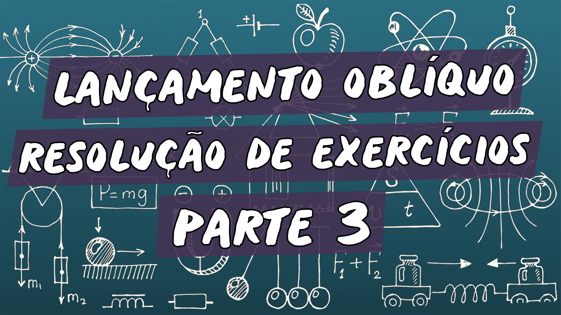 "Lançamento Oblíquo - Resolução de Exercícios / Parte 3" escrito sobre ilustração de símbolos matemáticos