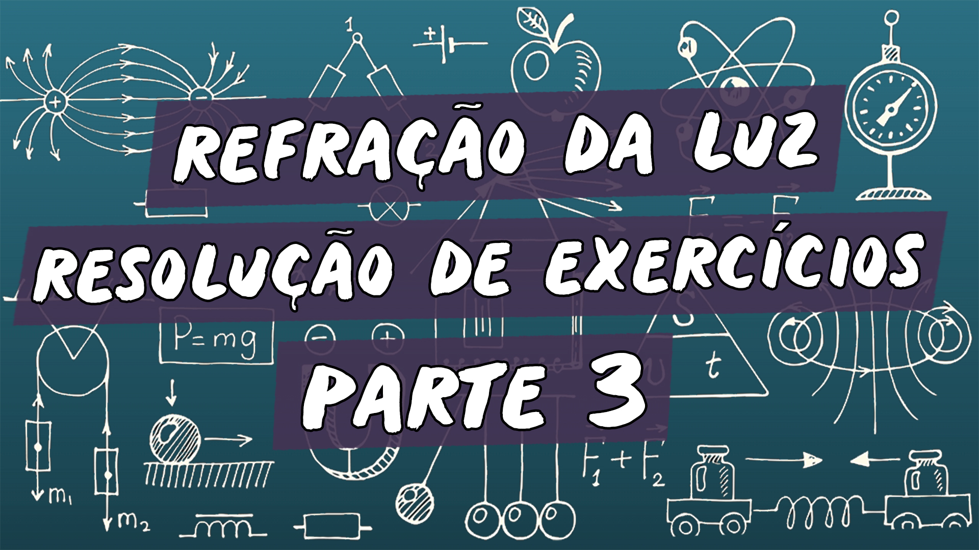 "Refração da Luz: Resolução de Exercícios / Parte 3" escrito sobre ilustração de símbolos matemáticos