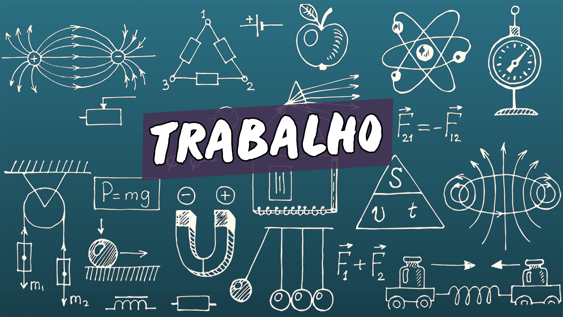 Escrito"Trabalho" sobre uma representação de vários conceitos da área da física.