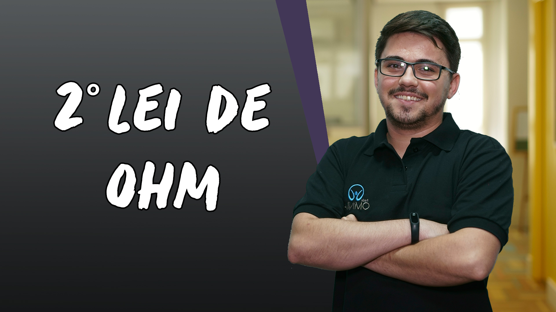 "2ª Lei de Ohm" escrito sobre fundo cinza ao lado da imagem do professor