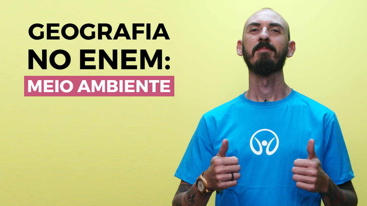 "Geografia no Enem: Meio Ambiente, Impacto Ambiental e Ação Antrópica" escrito sobre fundo verde ao lado da imagem do professor