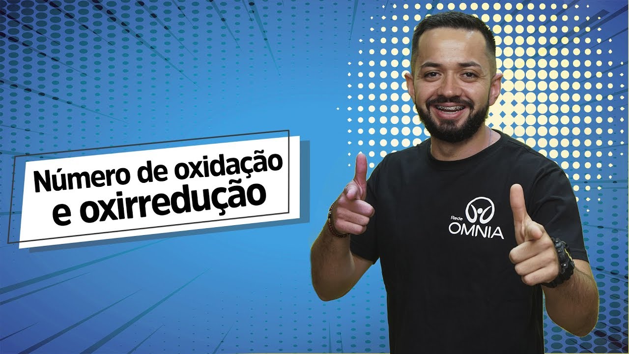 "Número de oxidação e oxirredução" escrito sobre fundo azul ao lado da imagem do professor