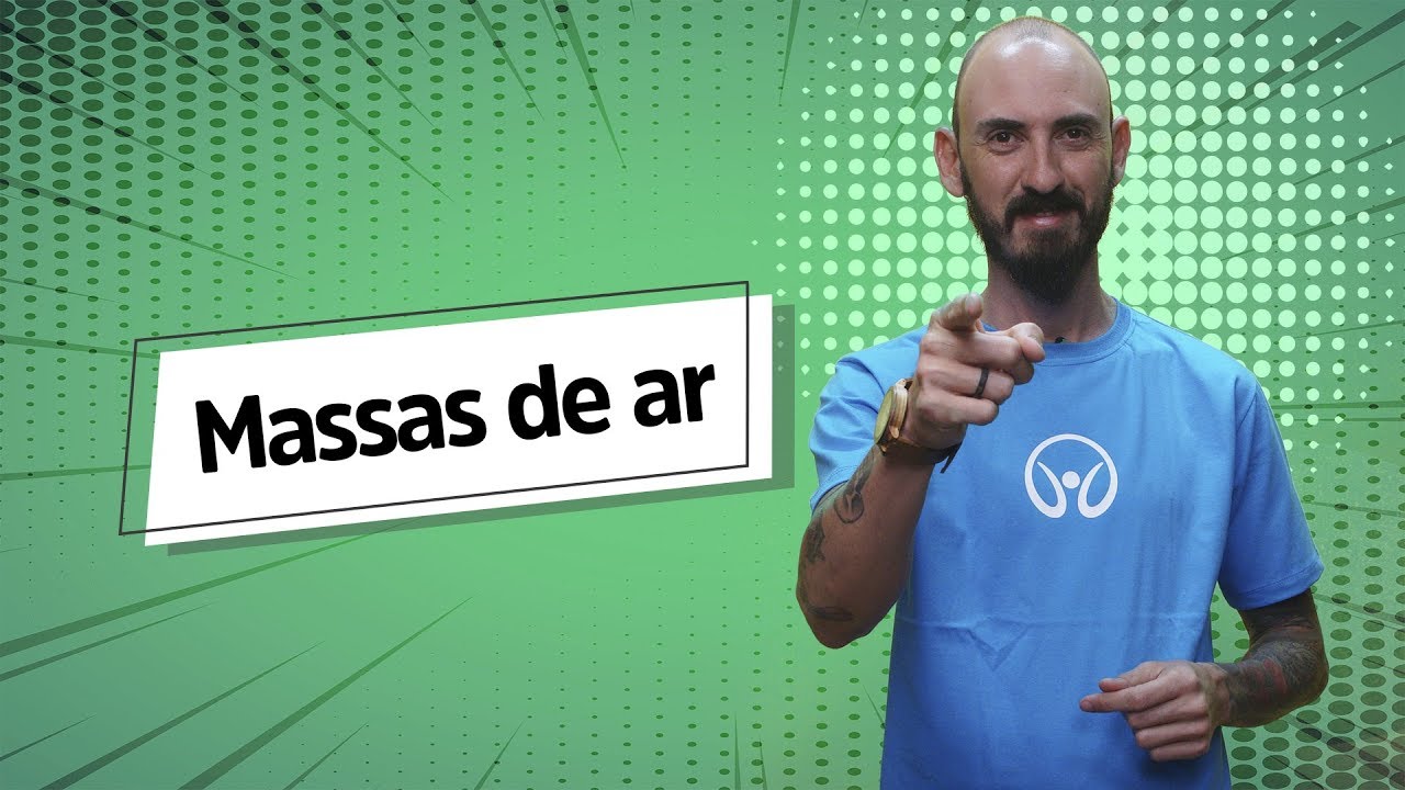 "Massas de ar" escrito sobre fundo verde ao lado da imagem do professor