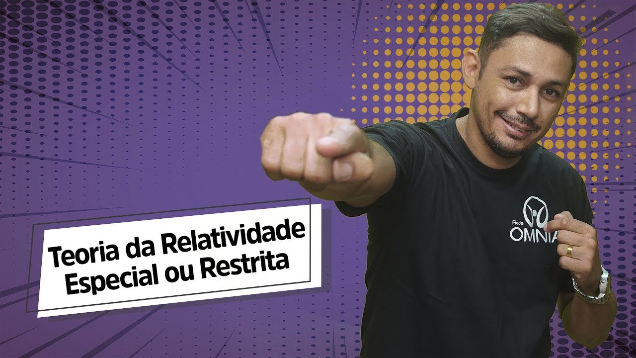 Professor ao lado do texto"Teoria da Relatividade Especial ou Restrita".
